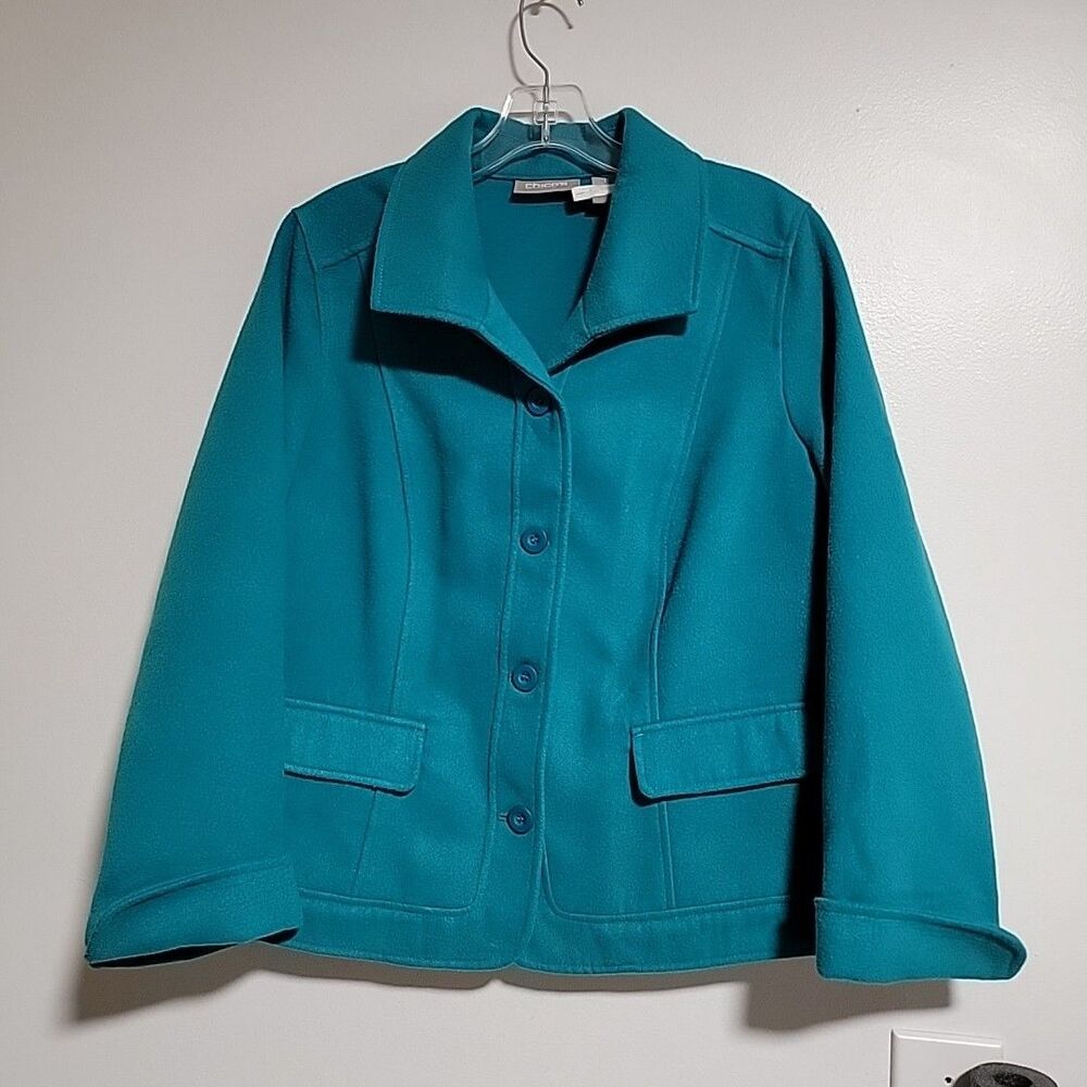 Chicos Fleece Jacket Womens Sz 1 XL Turquoise Button Up Pea Coat Pocket Soft